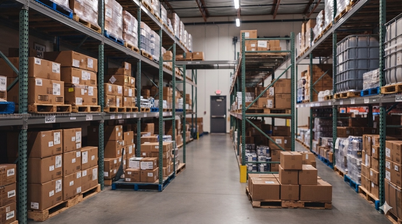 Shelving stocked with boxed inventory in the Hill Supplies warehouse